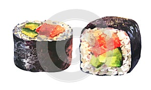 Watercolor set of sushi maki with salmon, avocado and cream cheese. Classic Japonis roll.