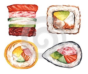 Watercolor Set of Sushi and rolls