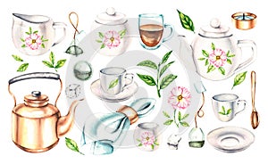 Watercolor set of tea drinking utensils with flowers, tea plant and accessories