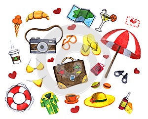 Watercolor set of travel icons