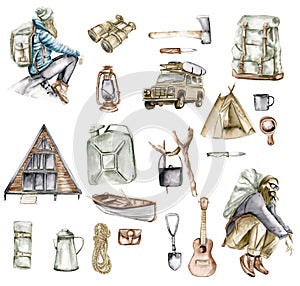 Watercolor set of traveling in the mountains with tents, climbing boots, ax, bowler hat, mug, lantern, campfire, tourist backpack