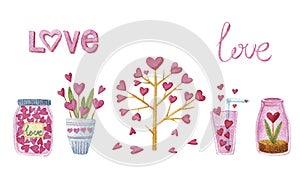 Watercolor set with tree, heart, plant, vessels and love