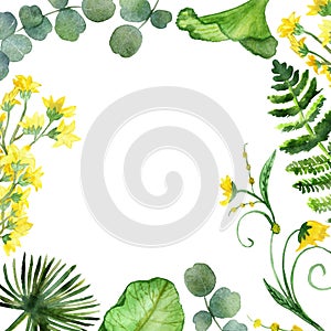 Watercolor set of tropical branches and leaves with yellow flowers isolated on white background.