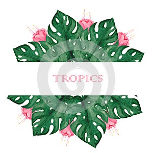 Watercolor set with tropical leaves and flowers.
