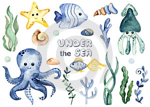 Watercolor set with underwater creatures squid, octopus, starfish, corals, algae, shells