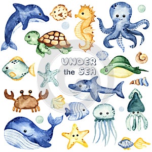 Watercolor set with underwater creatures, whale, octopus, shark, crab, dolphin, sea turtle, fish