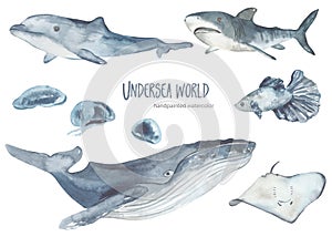 Watercolor set with underwater creatures whale, shark, dolphin, stingray, jellyfish for cards, invitations