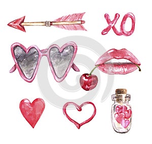 Watercolor set for Valentines Day. Hand drawn symbols of love. Pink lips, heart shaped sunglasses, arrow, heart, isolated on white