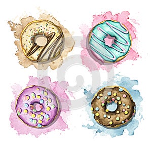 Watercolor set with various multicolor donuts on colorful stains