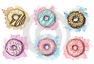 Watercolor set with various multicolor donuts on colorful stains