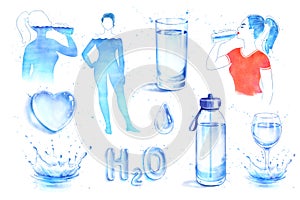 Watercolor set of water balance hydration concept