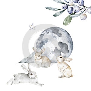 Watercolor set of white rabbit with moon in different poses. Adorable scandinavian animal. Hand drawn illustration isolated on