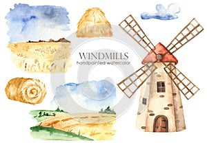 Watercolor set with windmill, cloud, landscape with field, haystack