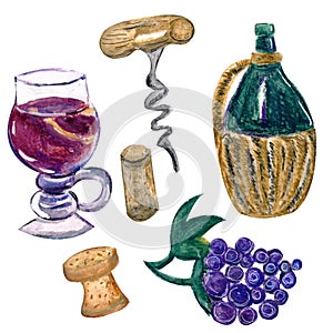 watercolor set of winemaking grapes wine vine and bottle caps