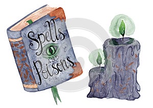 Watercolor set, witch set, spell book and magic candles.