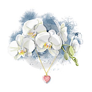 Watercolor several heads flowers of white orchid heart shaped pendant