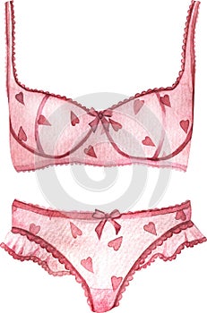 Watercolor sexy pink lingerie with hearts. Erotic underwear illustration. Valentine`s day women clothes.