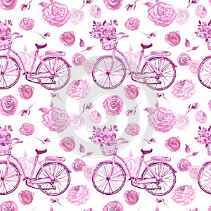 Watercolor shabby chic seamless pattern with retro bicycle and pink flowers on white background. Botanical print in vintage style