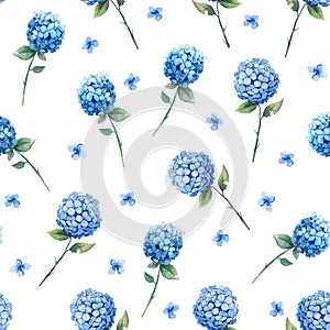 Watercolor shabby seamless pattern. Blue hydrangea with leaves on white background