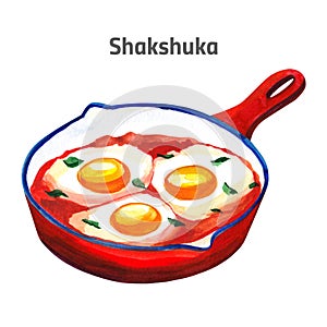 Watercolor shakshuka in a pan hand drawn illustration isolated on white