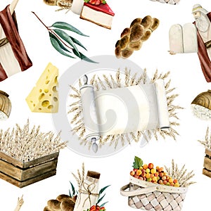 Watercolor Shavuot seamless pattern with symbols on white. Torah scroll, challah, milk, wheat basket. Moses with tablets