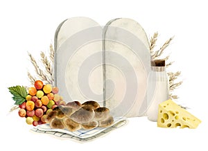 Watercolor Shavuot stone tablets greeting card template with cheese, challah bread, milk. wheat, grapes illustration