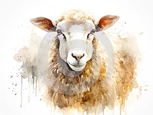 Watercolor Sheep Portrait Isolated, Aquarelle Lamb, Creative Watercolor White Sheep