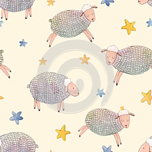 Watercolor sheep vector pattern
