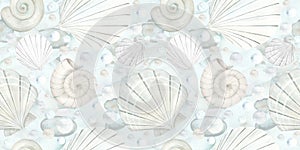Watercolor shell set. Seamless pattern hand drawn in watercolor. Design elements in nautical style. Suitable for cards