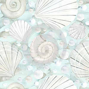 Watercolor shell set. Seamless pattern hand drawn in watercolor. Design elements in nautical style. Suitable for cards