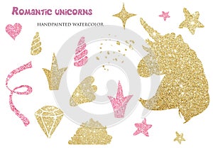 Watercolor shiny romantic set with unicorn, crown, brillant. Romantic Unicorn collection.