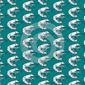 Watercolor shrimps hand drawn seamless pattern on green backgrounds.