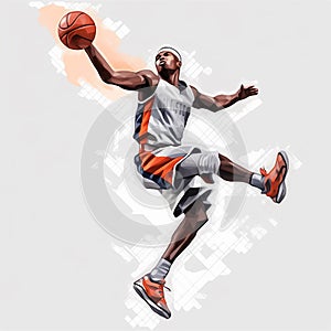 watercolor silhouette of basketball player on white background, he is jumping