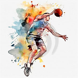 watercolor silhouette of basketball player on white background, he is jumping