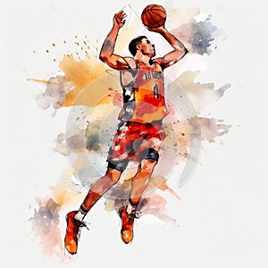 watercolor silhouette of basketball player on white background, he is jumping