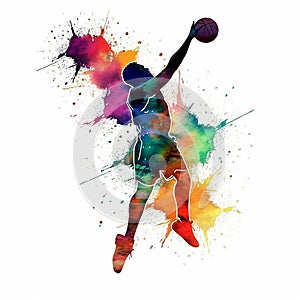 watercolor silhouette of basketball player on white background, he is jumping