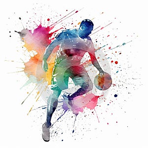 watercolor silhouette of basketball player on white background, he is jumping