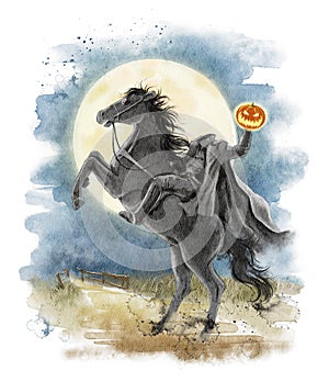 Watercolor silhouette of eadless horseman with halloween pumpkin and moon