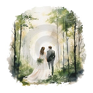 Watercolor silhouette lover couple holding hand in the forest. Watercolor wedding illustration