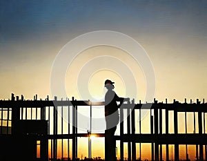 Watercolor of  of a silhouette of a standing at dusk on a construction site