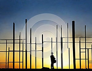 Watercolor of  of a silhouette of a standing at dusk on a construction site