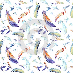 Watercolor silhouettes of flying birds. Seamless pattern