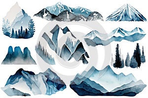 Watercolor silhouettes of mountains. Set of elements isolated on white background. AI generative