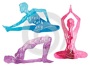 Watercolor Silhouettes of woman practicing yoga, relaxation and meditation