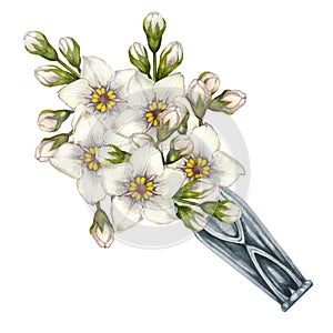 Watercolor silver boutonniere in Art Nouveau, Victorian style for flower bouquet for an elegant men's suit, for