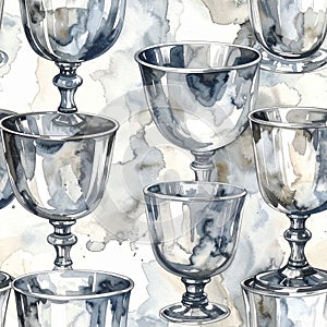 Watercolor Silver Goblets Pattern on Abstract Background