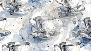 Watercolor Silver Teacups Pattern