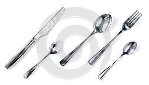 Watercolor silverware. Set of spoons knife and fork. Hand drawn realistic illustration with five tableware items. Shiny