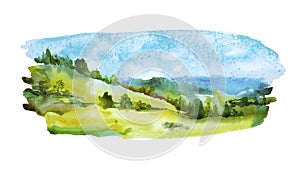 Watercolor simple backdrop with green meadow , hills and blue sky, isolated on white background