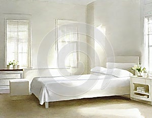 Watercolor of A simple white bedroom with minimum